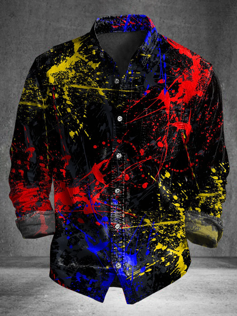 Men's Casual Cotton Shirt with Colorful Splatter Print
