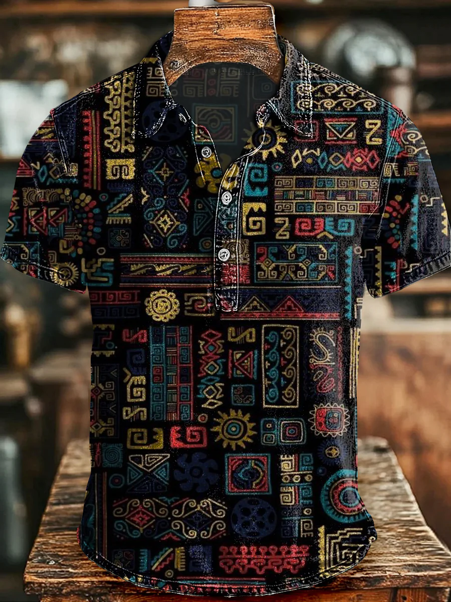 Vintage-Inspired Ethnic Print Casual Short-Sleeve Shirt